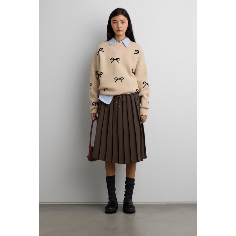 BOW JACQUARD KNIT SWEATER Birch Black Double Extra Small