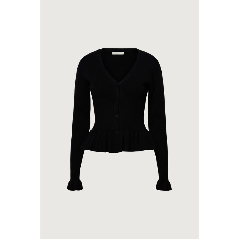 RIB-KNIT RUFFLED BUTTON FRONT CARDIGAN Black Extra Small