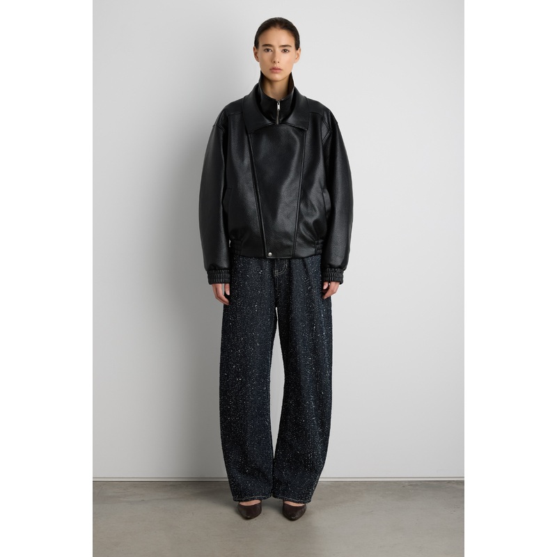 VEGAN LEATHER DOUBLE COLLAR BIKER JACKET Black Extra Small