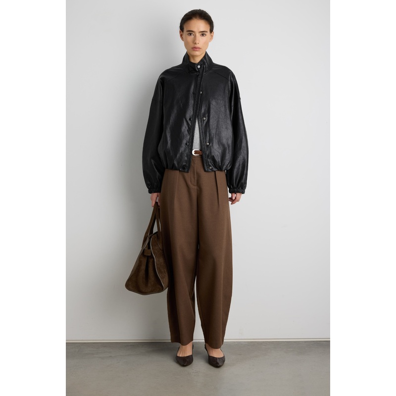 VEGAN LEATHER FUNNEL NECK BOMBER JACKET Black Extra Small