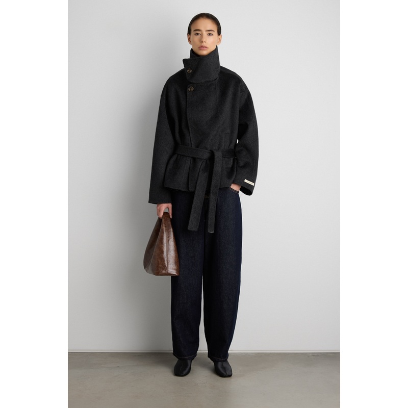 BRUSHED WOOL HAND MADE FUNNEL NECK COAT WITH BELT Charcoal XS-S