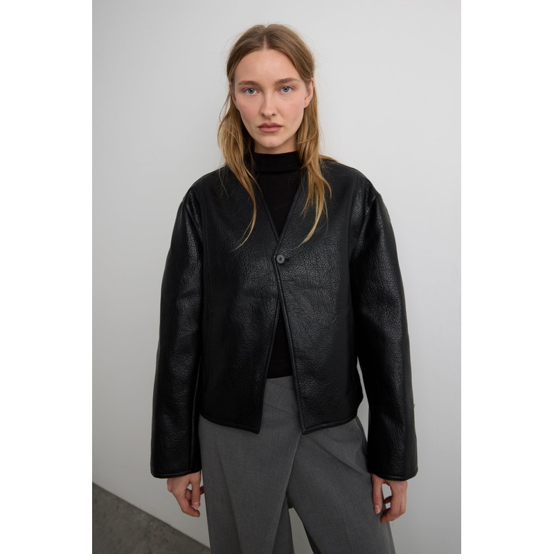COLLARLESS VEGAN LEATHER JACKET Black Extra Small