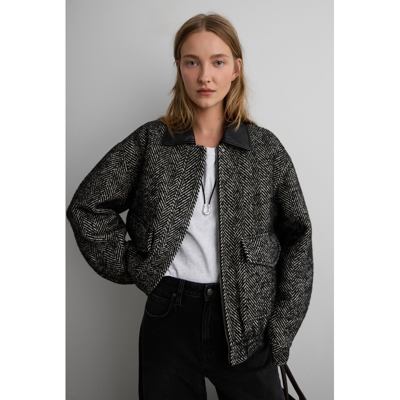 WOOL BLEND HERRINGBONE BOMBER JACKET Black Herringbone Double Extra Small