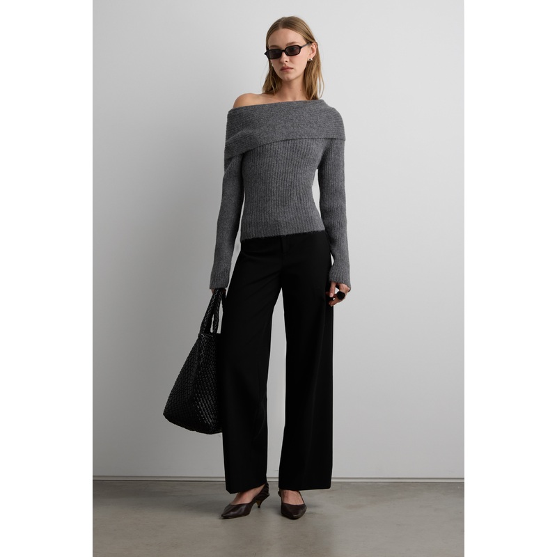 FOLD OVER OFF THE SHOULDER SWEATER Charcoal Extra Small
