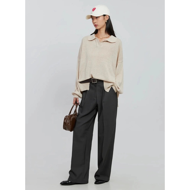 Oversized Collar Knit Top IN507 Light beige M/L