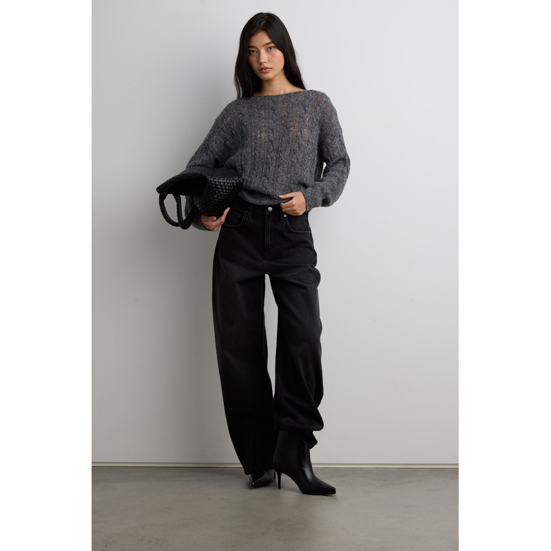 WOOL-BLEND CABLE KNIT SWEATER Charcoal Extra Small