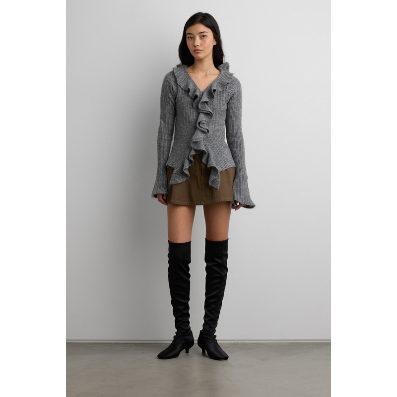 RUFFLED V-NECK SWEATER MEDIUM GREY Extra Small