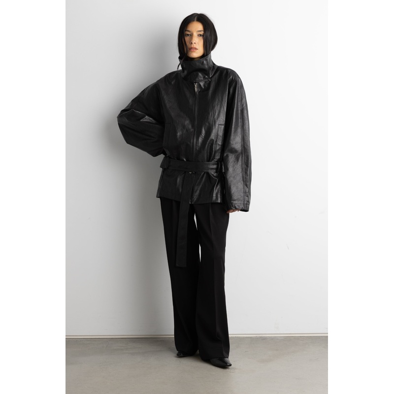 VEGAN LEATHER FUNNEL NECK JACKET WITH BELT Black Extra Small