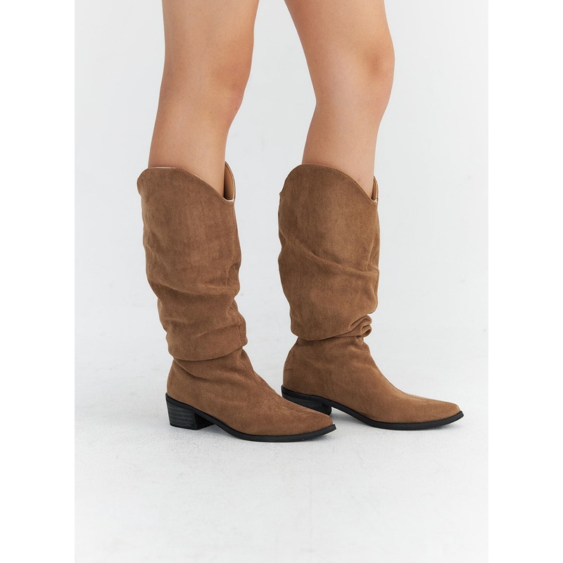 Ruched Faux Leather Long Boots CO313 Brown 225 / US5.5