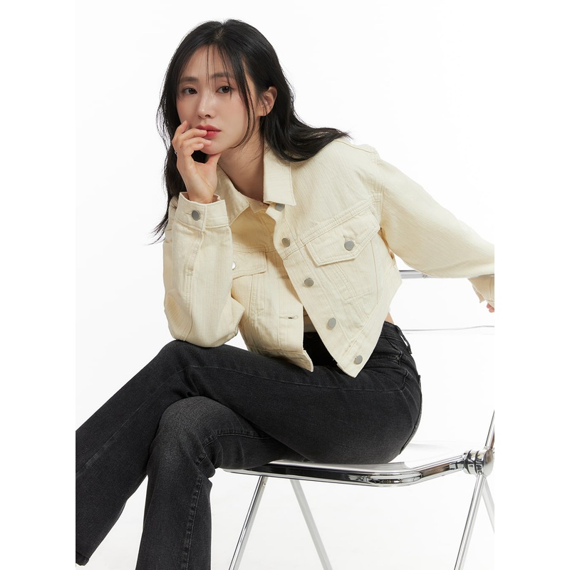 Denim Collar Solid Button Crop Jacket OM411 Beige S/M