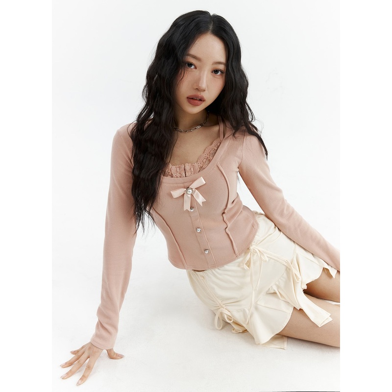 Lace Corset Button Top CJ425 Pink S/M