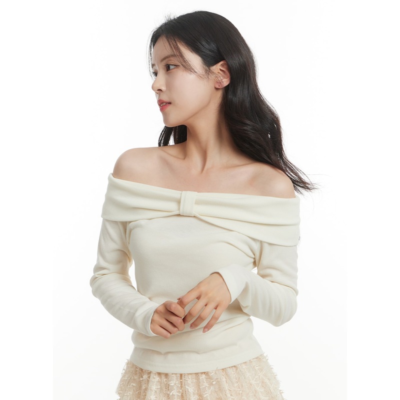 Off-Shoulder Long Sleeve Top OF428 Light beige S/M