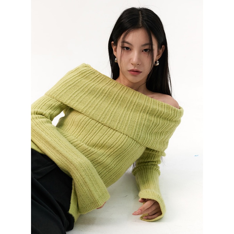 Off-Shoulder Rib Sweater IO320 Light green S/M