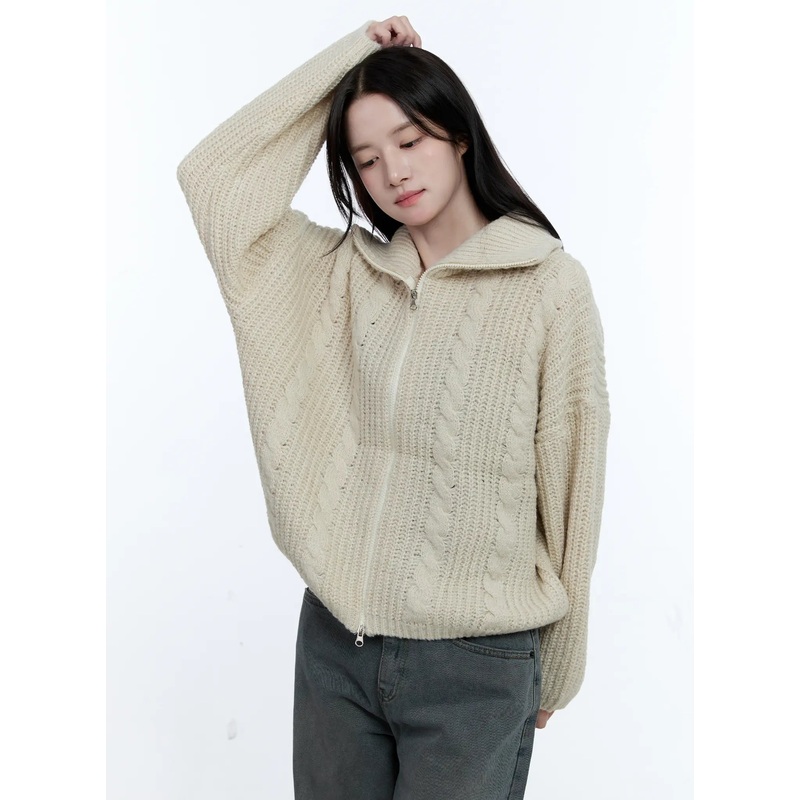 Cable Knit Double-Zip Sweater CG512 Light beige S/M