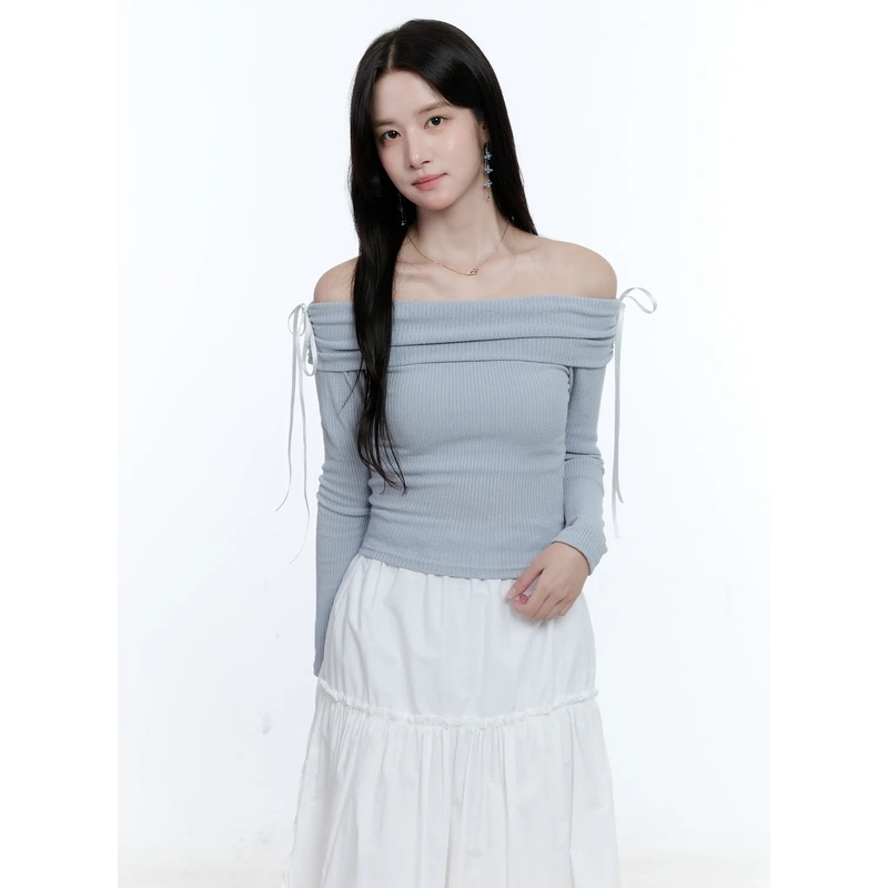 Off-Shoulder Ruched Knit Top CG512 Light blue S/M