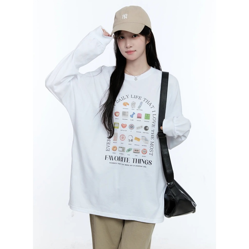 Oversized Graphic Print Long Sleeve Tee CG513 White S/M