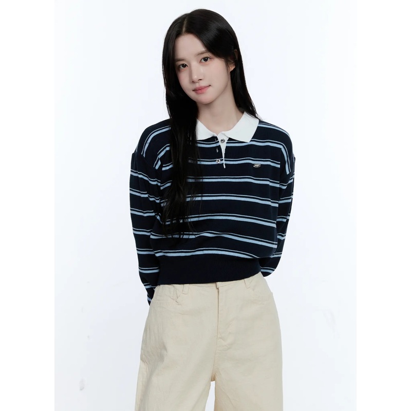Striped Collared Long Sleeve Top CG513 Dark blue S/M