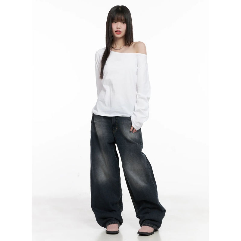 Celi Vintage Wash Wide-Leg Jeans CG515 Dark blue S