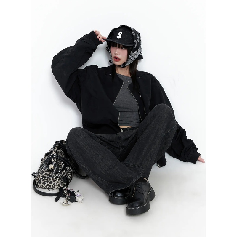 Shirred Oversized Bomber Jacket CG519 Black M/L