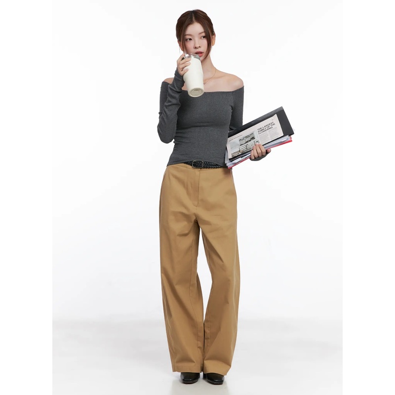 Wide Leg Cotton Trousers CG520 Beige S