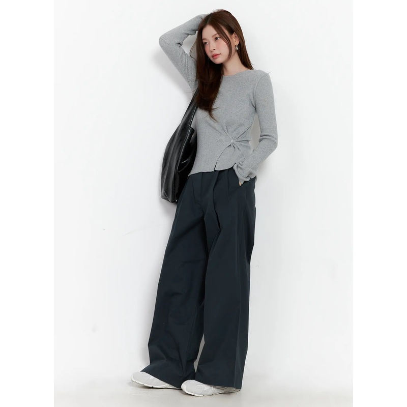 Two-Way Button Side-Slit Knit Top CG521 Gray S/M