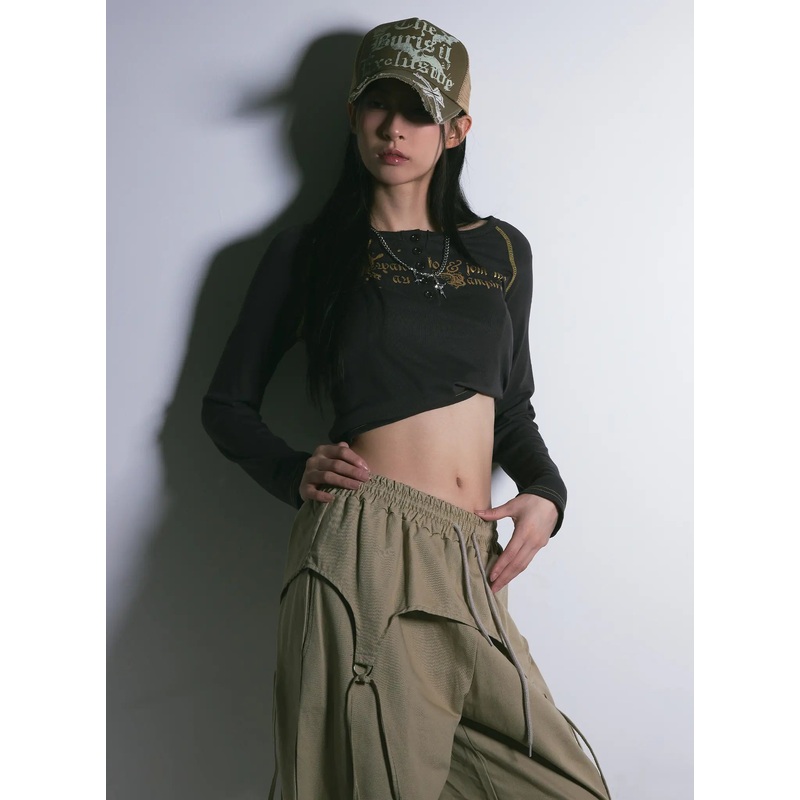 Tattoo Graphic U-Neck Long Sleeve Tee CG526 Dark gray S/M