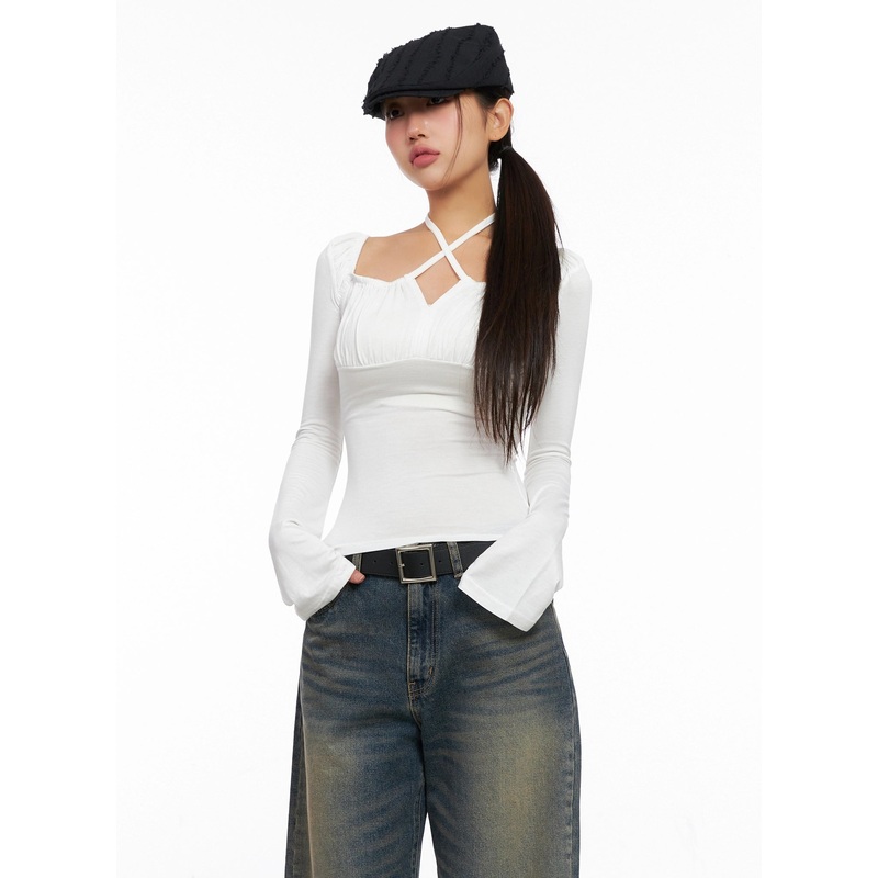 Chic Cross Strap Long Sleeve Tee IG528 White S/M
