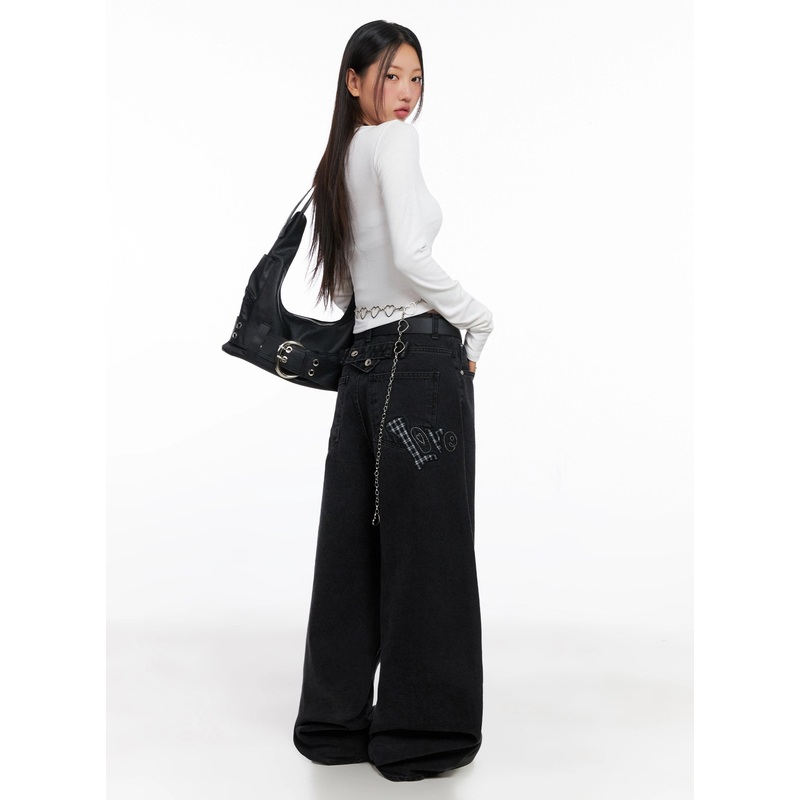 Sunwoo Embroidered Wide Leg Jeans IG528 Black S