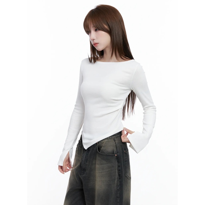 Asymmetric Hem Long Sleeve Top CG529 White S/M