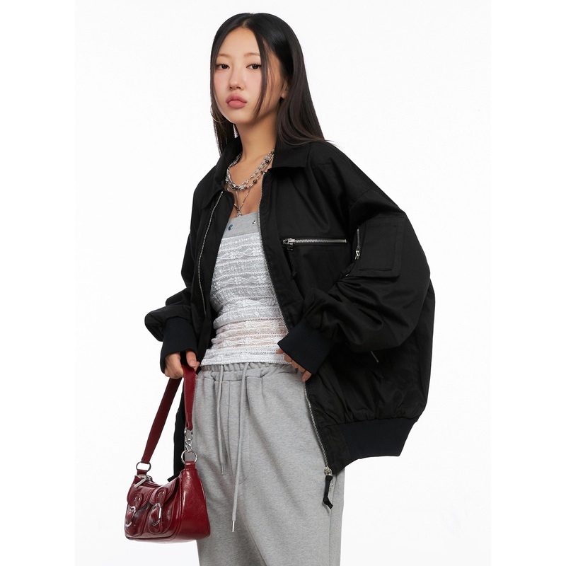 Oversized Zipper Bomber Jacket IG528 Black M/L