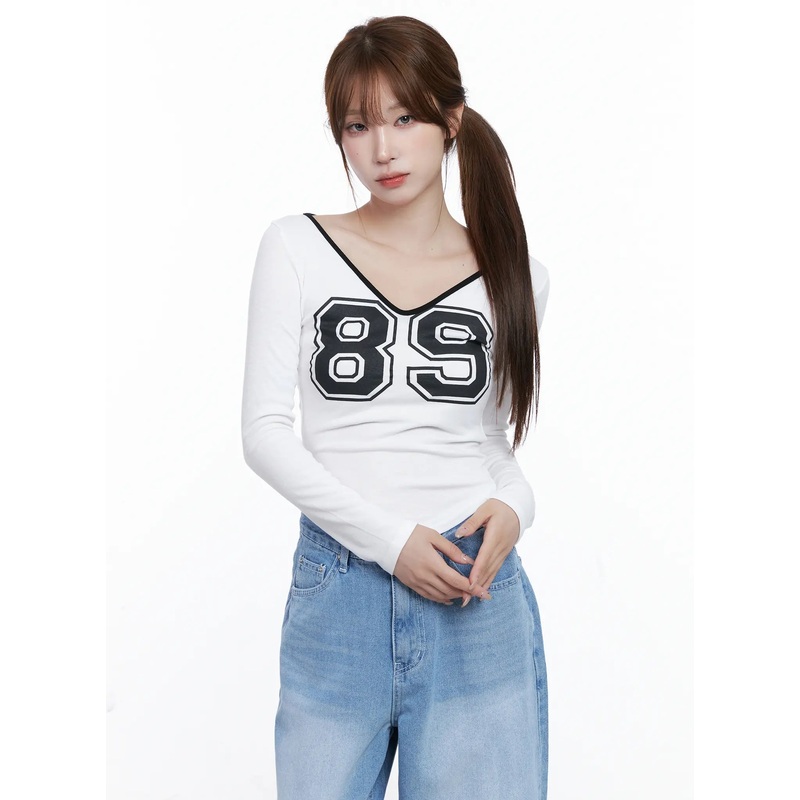 V-Neck Number 89 Long Sleeve Tee CG529 White S/M