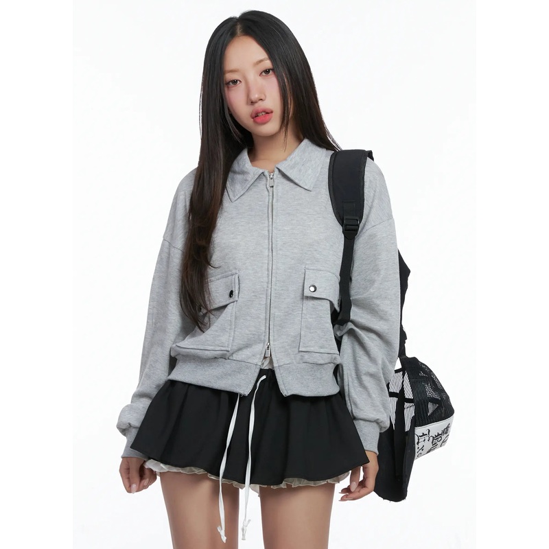 Collared Pocket Zip-Up Jacket Gray S/M