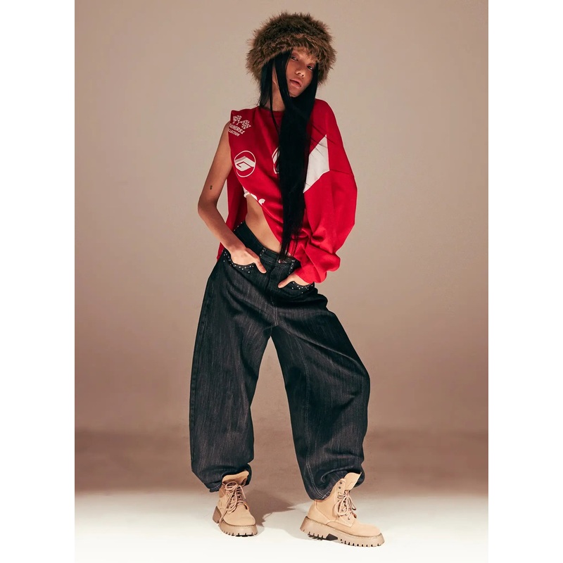 Miles Rhinestone Barrel Jeans CS509 Black S