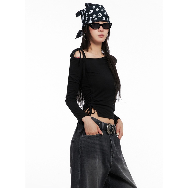 Asymmetric Off-Shoulder Long Sleeve Top IS515 Black S/M