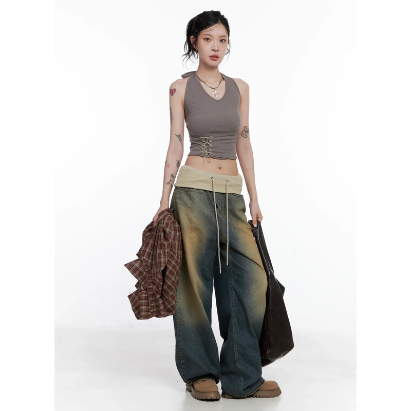 Jemma Folded Waist Washed Baggy Jeans CS512 Blue S