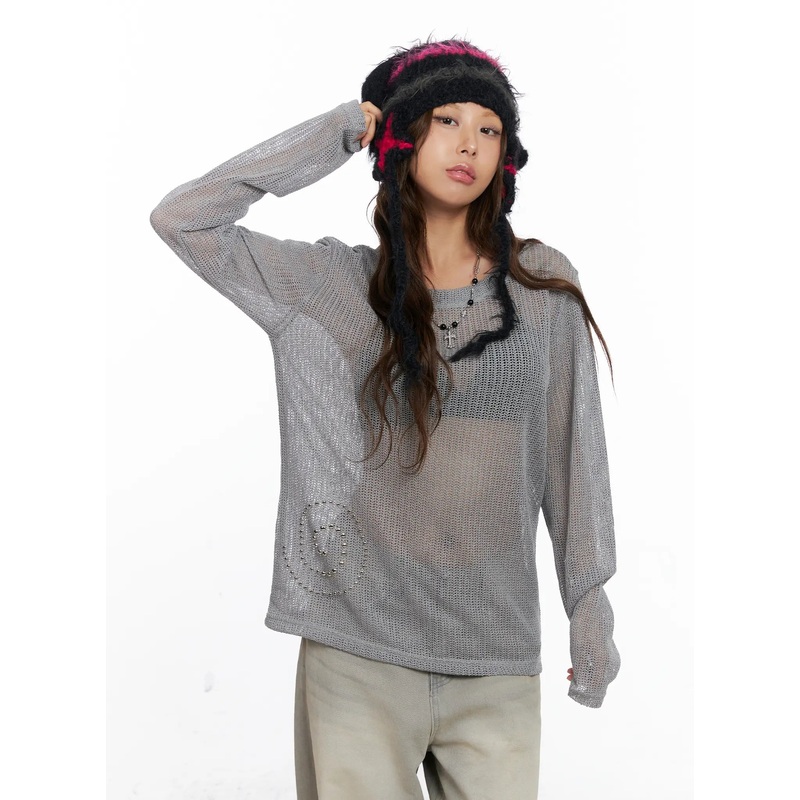 Studded Mesh Knit Long Sleeve Sweater CS522 Black S/M