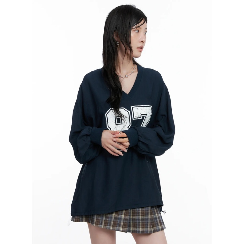 87 Oversized V-Neck Pullover Top CS526 Dark blue M/L