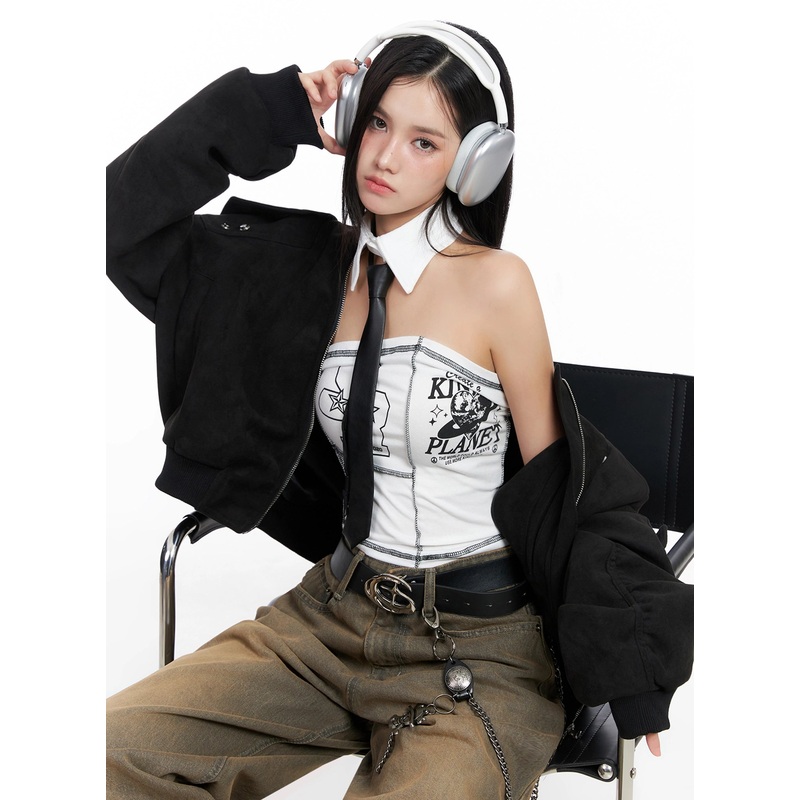 Black Zip-Up Bomber Jacket IS525 Black M/L