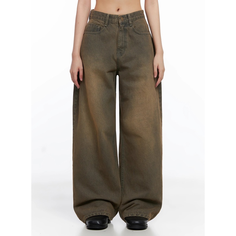[STR] Mirren Brown Washed Baggy Jeans IS525 Brown S