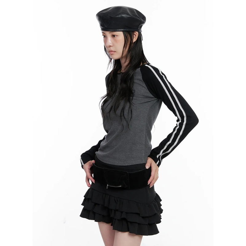 Two-Tone Lace Detail Top CS529 Dark gray S/M