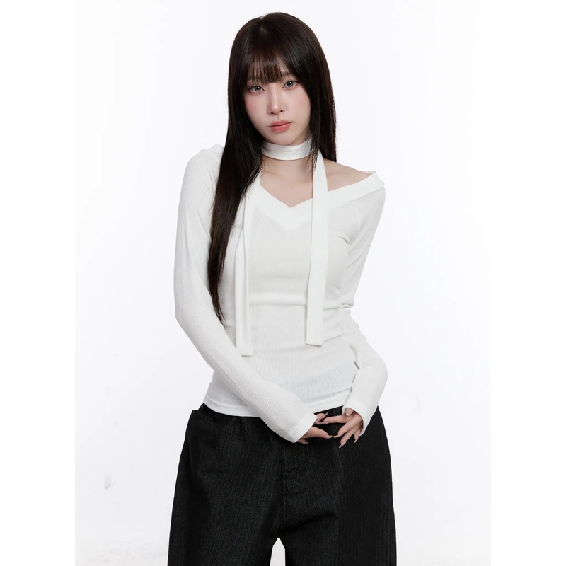 V-Neck Ribbed Two-Way Tie Long Sleeve Top CS530 White S/M