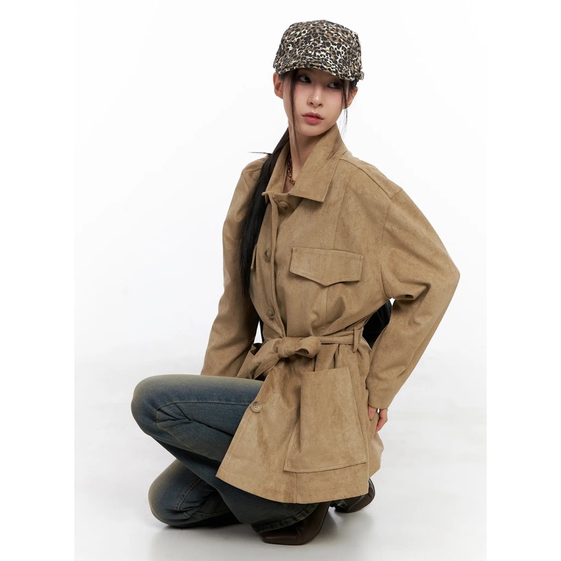 Relaxed Suede Jacket with Belt CC1109 Beige S/M