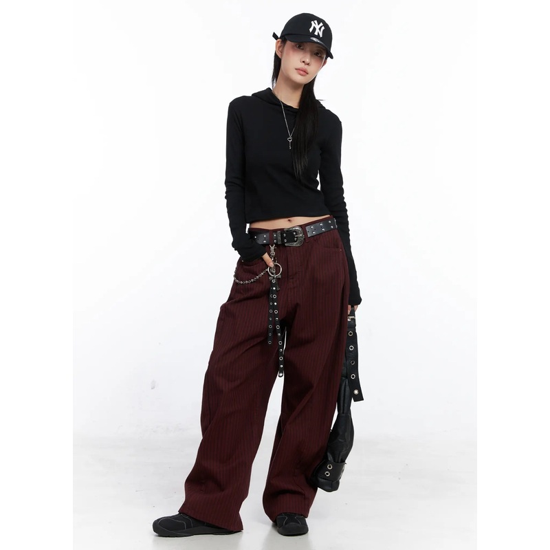 Striped Side Pintuck Wide Pants CO507 Dark red S