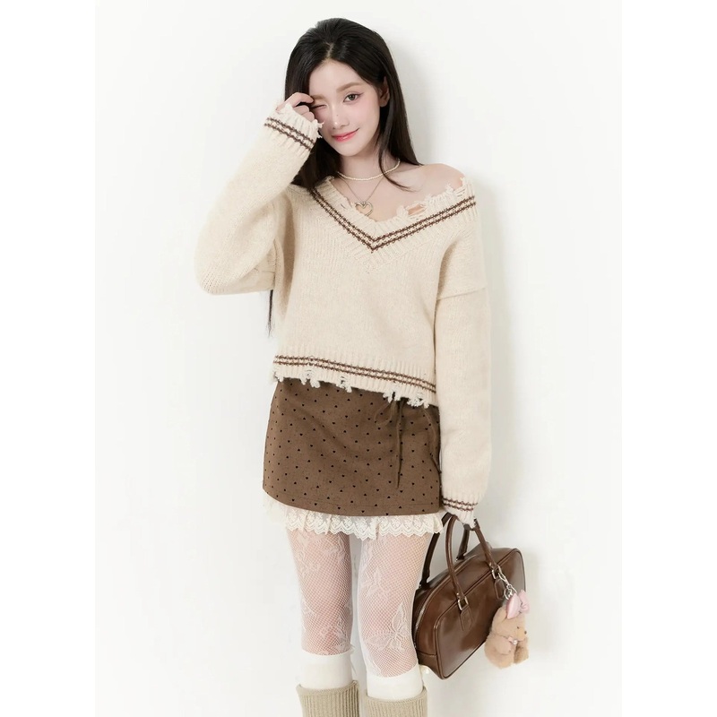 Abner V-Neck Vintage Knit Sweater IO520 Light beige S/M