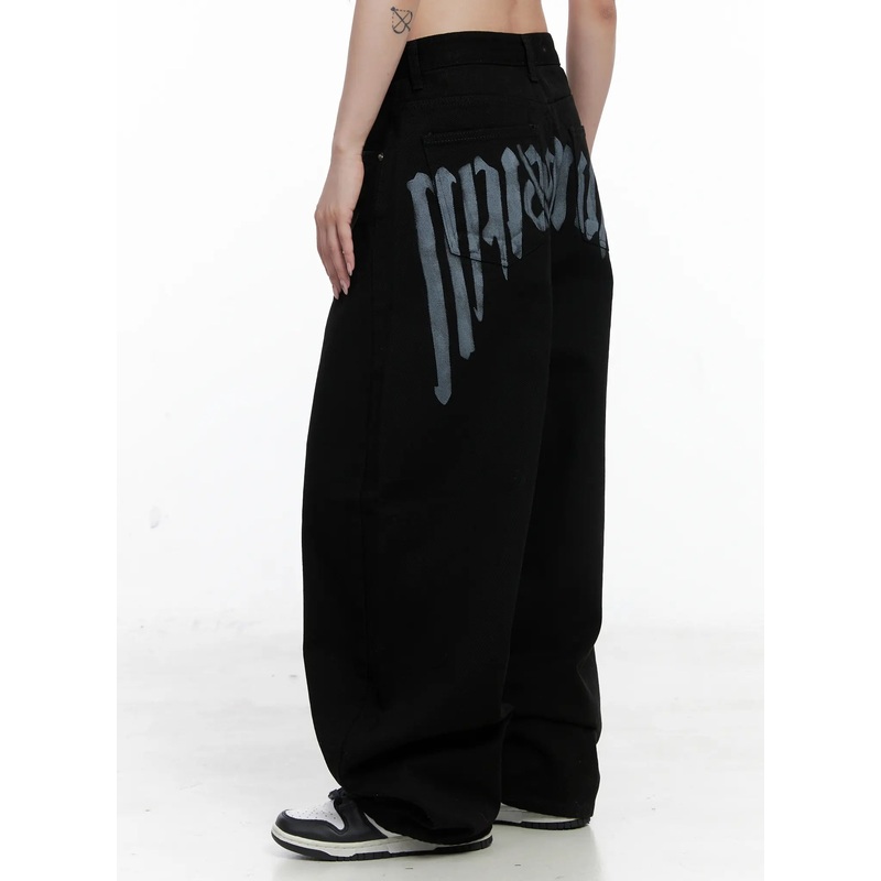 Baggy Black Graphic Cotton Pants CO521 Black S
