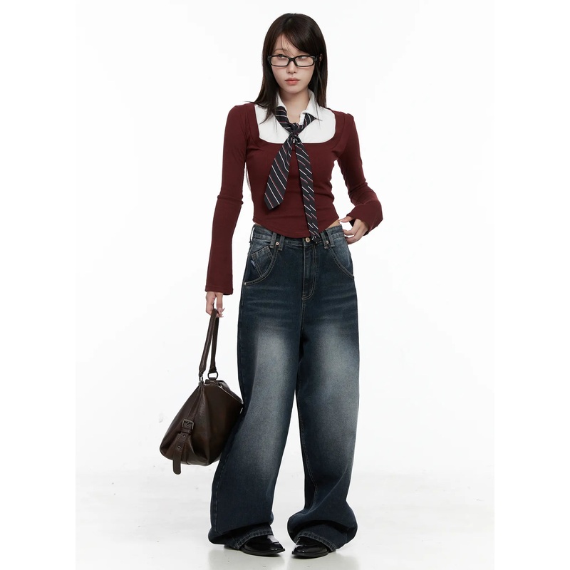 Two-Tone Square Neck Long Sleeve Top CO521 Dark red S/M