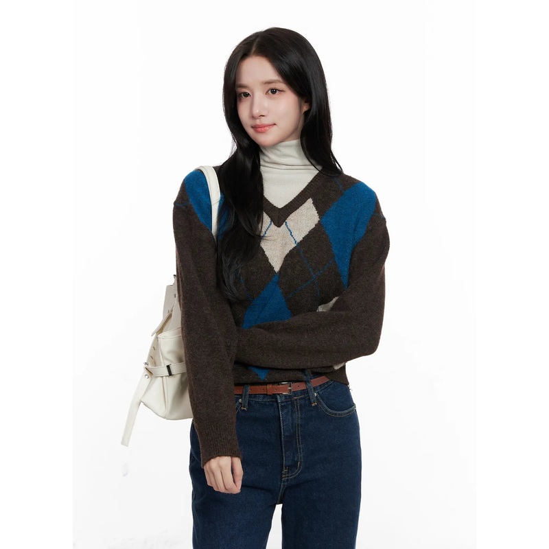 Casual Argyle Long Sleeve Knit CO522 Dark brown S/M