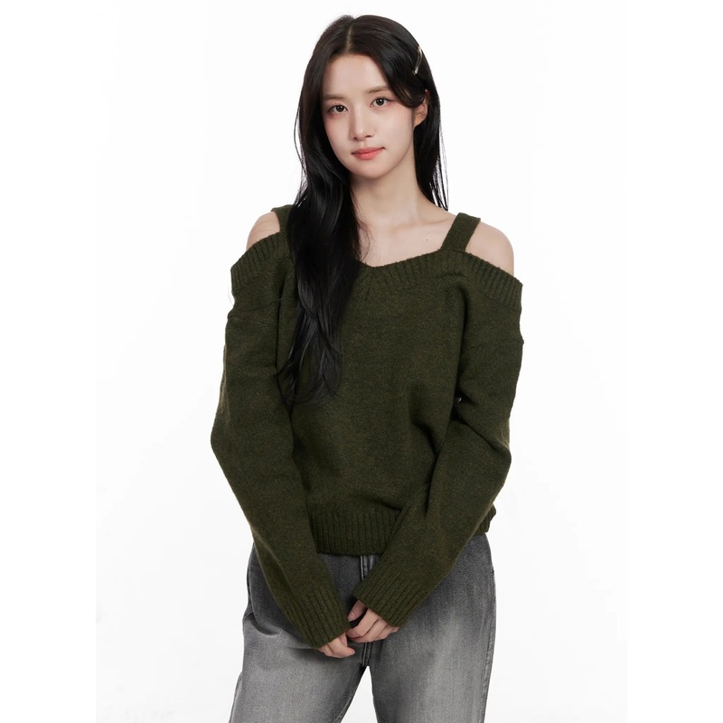 V-Neck Off-Shoulder Knit Sweater CO524 Dark green M/L