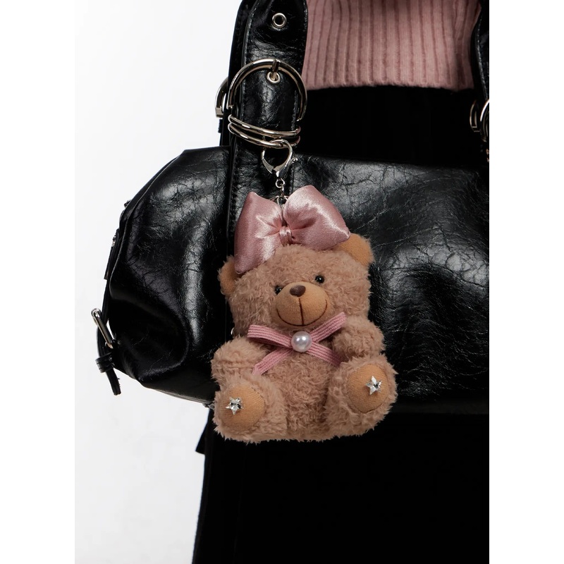 Ribbon Fluffy Teddy Bear Keychain IO527 Dark brown One Size