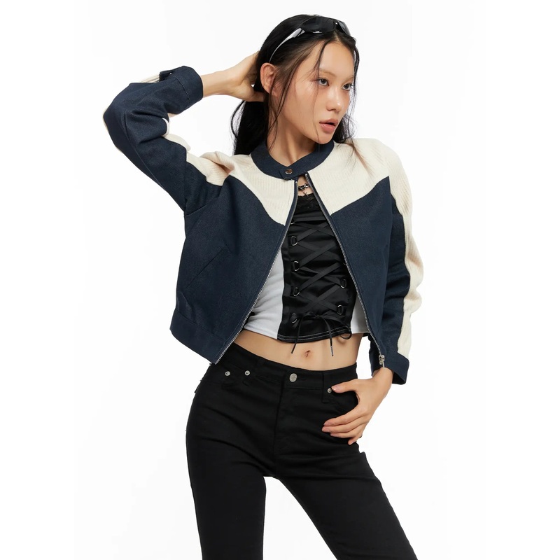 Two-Tone Knit Biker Jacket CO528 Dark blue S/M